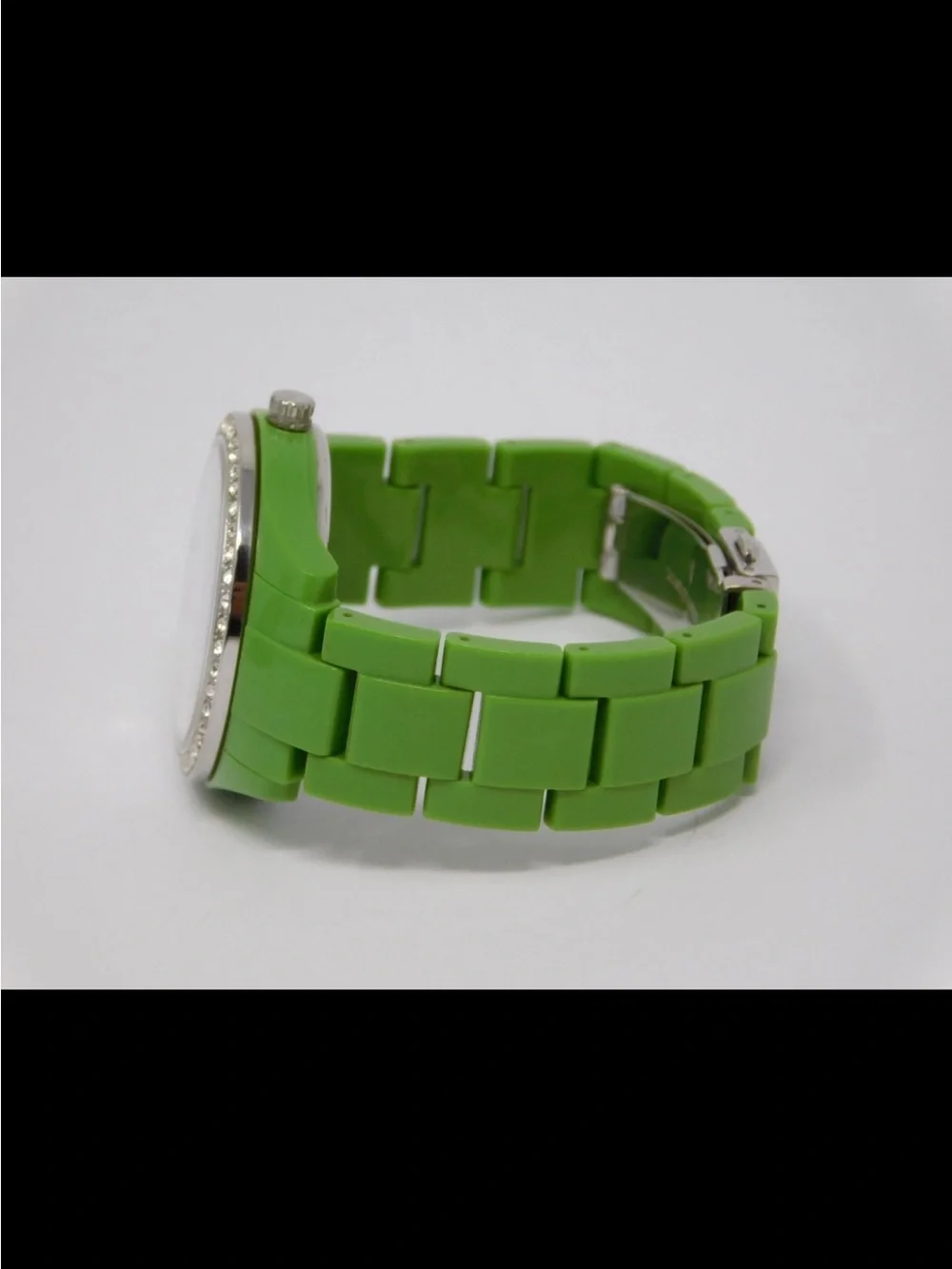 Fossil Women's Watch ES 2368 Lime Green Link Chrono White Dial Crystals Ladies